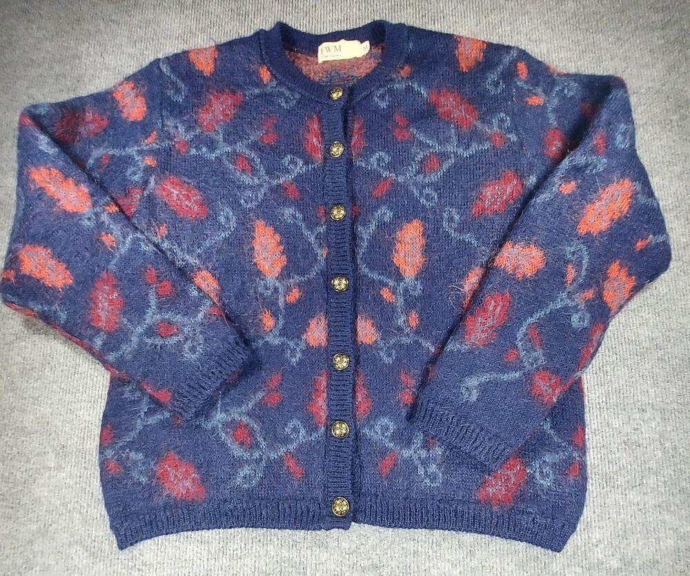 Vintage EWM Pure Classics Mohair Blend Floral Cardigan Fuzzy Knit Sweater M